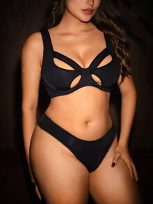 Bella Beso Plus Size Hollow Patchwork Design Comfortable Wireless Thin Cup Lingerie, Lift - Black - View 5