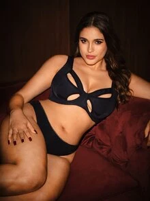 Bella Beso Plus Size Hollow Patchwork Design Comfortable Wireless Thin Cup Lingerie, Lift - Black - View 7