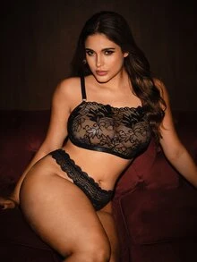 Bella Beso 花卉蕾丝加大码女式性感无钢圈文胸单件性感内衣 - 黑色 - 查看 7