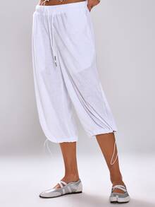 MUSERA Towelling White Adjustable Hem Detail Capri Jorts Pants Summer Women Outfit Going Out Lounge Workout Casual - White - View 3