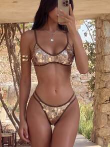 SHEIN Swim 香槟金亮片挂脖比基尼上衣和系带泳裤，性感沙滩泳装套装，夏季 - 香檳色 - 查看 1