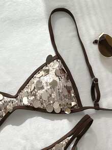 SHEIN Swim 香槟金亮片挂脖比基尼上衣和系带泳裤，性感沙滩泳装套装，夏季 - 香檳色 - 查看 4