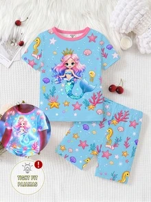 2pcs/Set Young Girl Blue Mermaid & Starry Pattern Glow-In-The-Dark Knit Elastic Soft Short Sleeve Top And Shorts Pajama Set - Blue - View 3