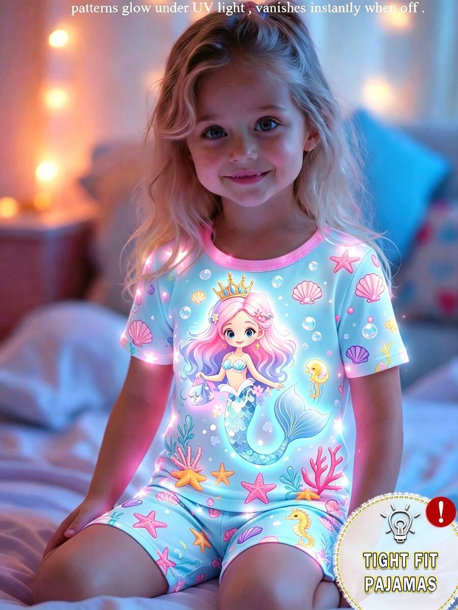 2pcs/Set Young Girl Blue Mermaid & Starry Pattern Glow-In-The-Dark Knit Elastic Soft Short Sleeve Top And Shorts Pajama Set - Blue - View 1