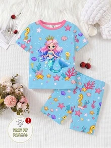 2pcs/Set Young Girl Blue Mermaid & Starry Pattern Glow-In-The-Dark Knit Elastic Soft Short Sleeve Top And Shorts Pajama Set - Blue - View 6
