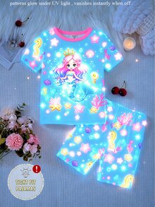 2pcs/Set Young Girl Blue Mermaid & Starry Pattern Glow-In-The-Dark Knit Elastic Soft Short Sleeve Top And Shorts Pajama Set - Blue - View 4