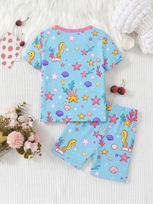 2pcs/Set Young Girl Blue Mermaid & Starry Pattern Glow-In-The-Dark Knit Elastic Soft Short Sleeve Top And Shorts Pajama Set - Blue - View 2