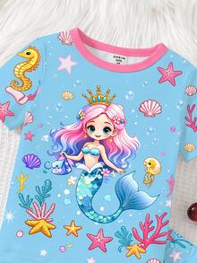 2pcs/Set Young Girl Blue Mermaid & Starry Pattern Glow-In-The-Dark Knit Elastic Soft Short Sleeve Top And Shorts Pajama Set - Blue - View 7