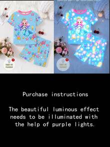 2pcs/Set Young Girl Blue Mermaid & Starry Pattern Glow-In-The-Dark Knit Elastic Soft Short Sleeve Top And Shorts Pajama Set - Blue - View 5