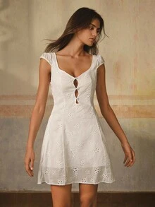 Bisouelle Women's White ,Cap Sleeve,Flower,Embroidery,Square Neckline,Hollow-Out,Knot Buckle,Sleepdress,Nightdress - White - View 5