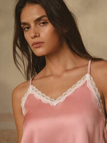Bisouelle 2pcs/Set Women's Lace Trim Satin Camisole & Shorts Pajama Set/Sexy Sleepwear Set, Summer Loungewear, Pajama Pants, Bridesmaid Pajamas - Pink - View 7