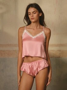 Bisouelle 2pcs/Set Women's Lace Trim Satin Camisole & Shorts Pajama Set/Sexy Sleepwear Set, Summer Loungewear, Pajama Pants, Bridesmaid Pajamas - Pink - View 5