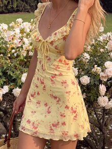 CovetEZ 女款夏季休閒碎花迷你洋裝 - 黃色 - 查看 2