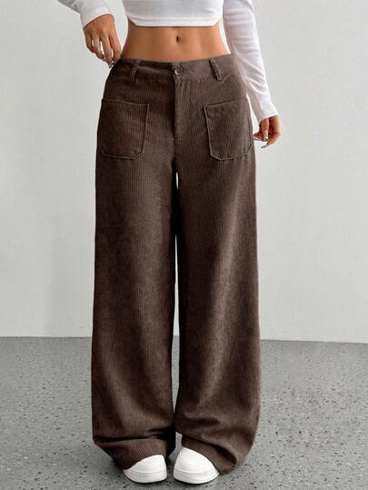 Flirla Women's Solid Color Loose Fit Corduroy Straight Leg Pants With Dual Pockets Fall Cloth For Women