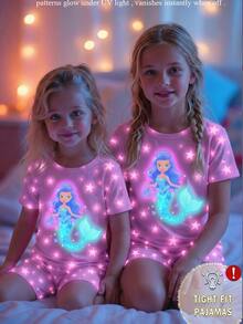 Girls' Mermaid & Starry Pattern Glow-In-The-Dark Knit Elastic Fabric Comfortable Soft Round Neck Short Sleeve Shorts 2 Pieces Pajama Set, Summer - Mauve Purple - View 6