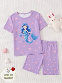 Girls' Mermaid & Starry Pattern Glow-In-The-Dark Knit Elastic Fabric Comfortable Soft Round Neck Short Sleeve Shorts 2 Pieces Pajama Set, Summer - Mauve Purple - View 7