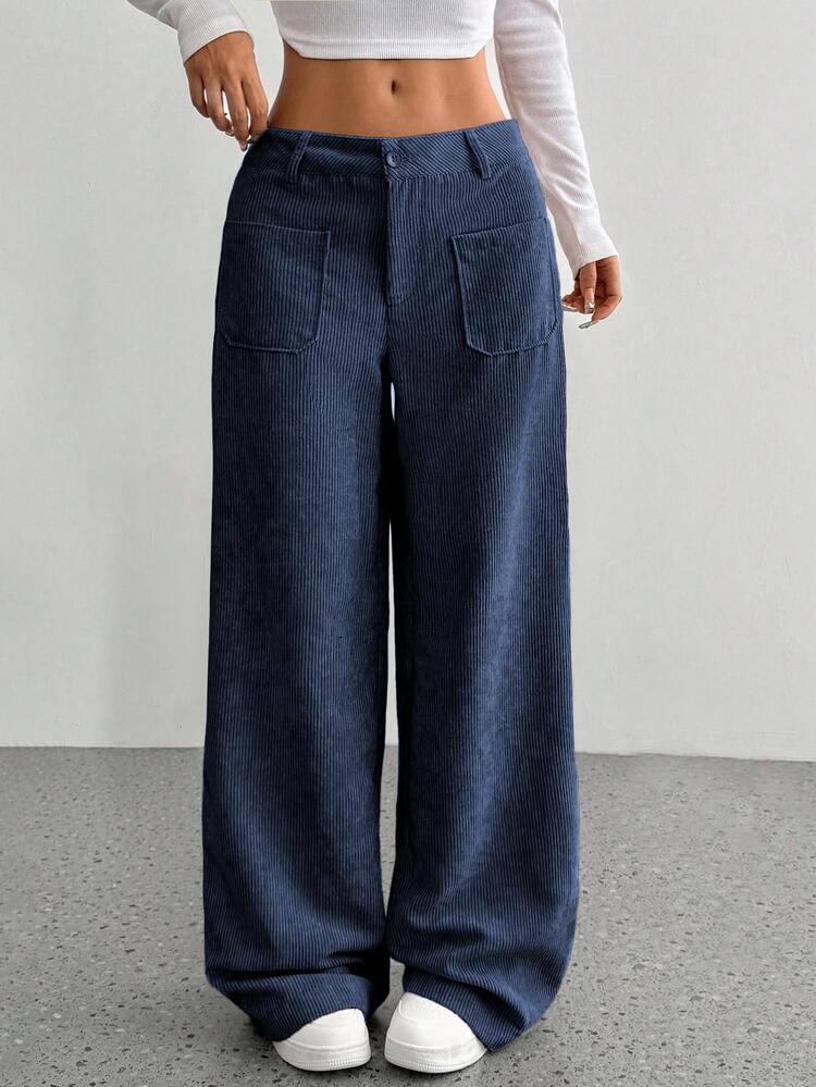 Flirla Corduroy Straight Leg Casual Pants, Plain Minimalist Fashion For Daily Wear Fall Cloth For Women - Navy Blue - View 1