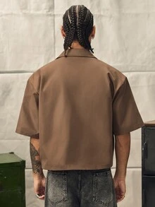 Norleigh Men's Solid Color Short Sleeve Casual Shirt With Snap Button Pocket - Brown - View 2