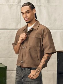 Norleigh Men's Solid Color Short Sleeve Casual Shirt With Snap Button Pocket - Brown - View 5