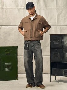 Norleigh Men's Solid Color Short Sleeve Casual Shirt With Snap Button Pocket - Brown - View 3