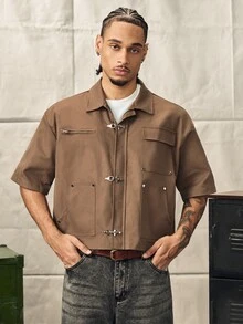 Norleigh Men's Solid Color Short Sleeve Casual Shirt With Snap Button Pocket - Brown - View 4