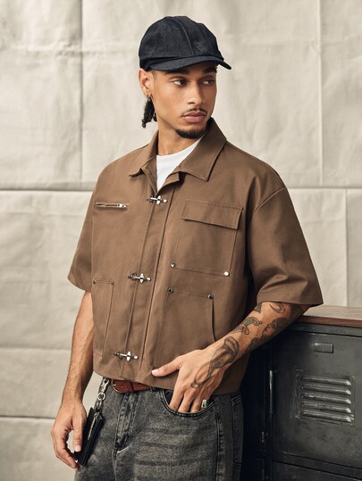 Norleigh Men's Solid Color Short Sleeve Casual Shirt With Snap Button Pocket