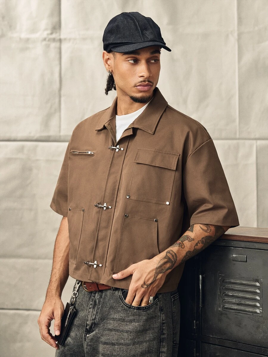 Norleigh Men's Solid Color Short Sleeve Casual Shirt With Snap Button Pocket - Brown - View 1