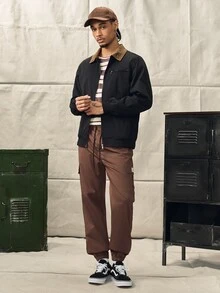 春秋新款男士工裝長褲，多口袋寬鬆休閒簡約百搭日系慢跑褲 - 咖啡棕 - 查看 4