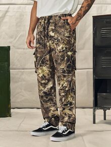 Norleigh Loose Fit Men's Flap Pocket Side Drawstring Waist Cargo Pants, Fall - Yellow - View 1