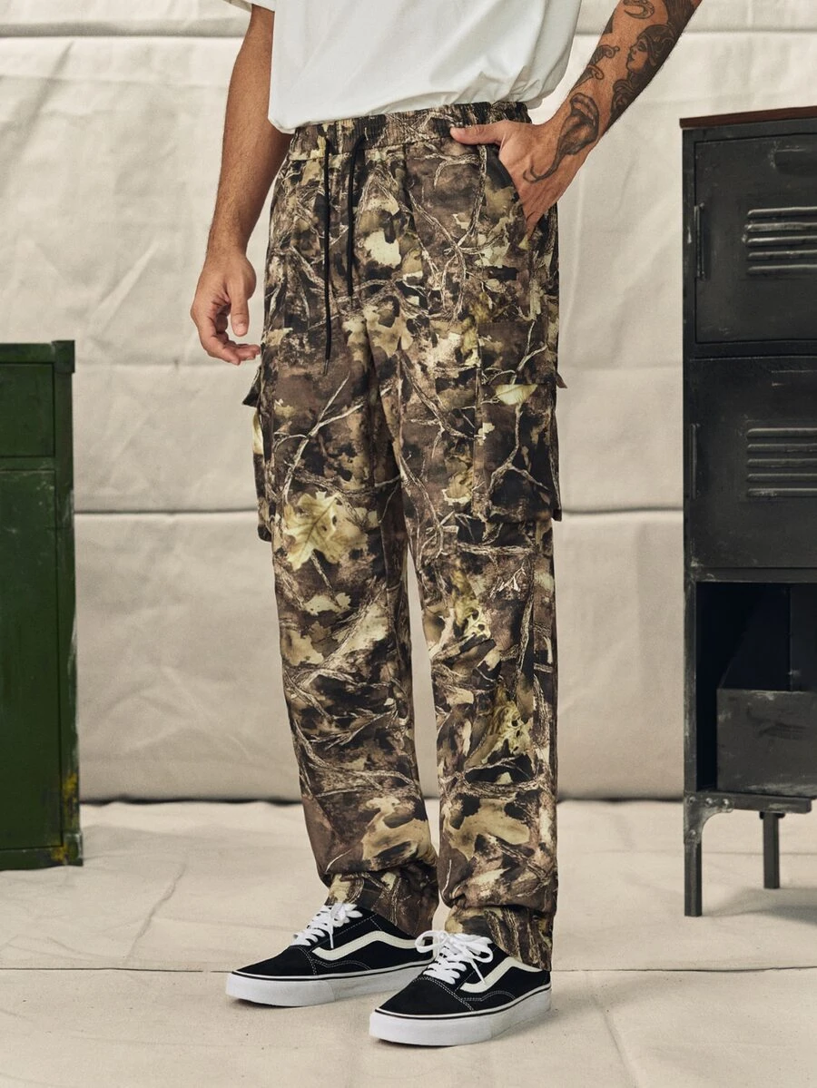 Norleigh Loose Fit Men's Flap Pocket Side Drawstring Waist Cargo Pants, Fall - Yellow - View 1