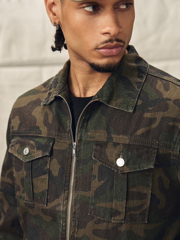 Norleigh Loose Fit Men's Long Sleeve Camo Print Flap Pocket Denim Jacket, For Fall - Army Green - View 6