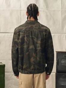 Norleigh 宽松男士长袖迷彩印花翻盖口袋牛仔夹克，秋季款 - 軍綠色 - 查看 2