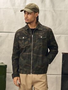 Norleigh 宽松男士长袖迷彩印花翻盖口袋牛仔夹克，秋季款 - 軍綠色 - 查看 5