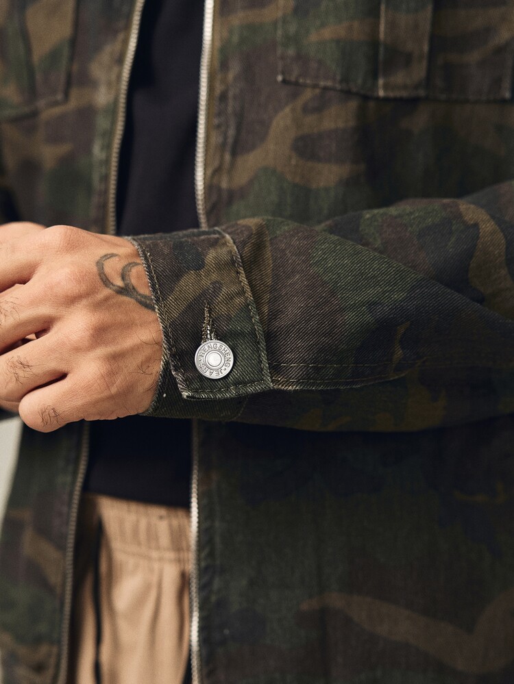 Norleigh Loose Fit Men's Long Sleeve Camo Print Flap Pocket Denim Jacket, For Fall - Army Green - View 7