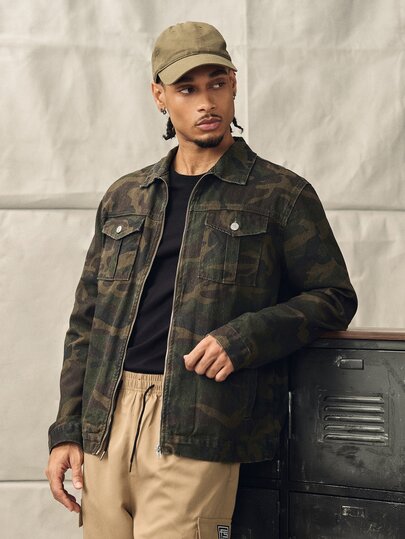 Norleigh Loose Fit Men's Long Sleeve Camo Print Flap Pocket Denim Jacket, For Fall