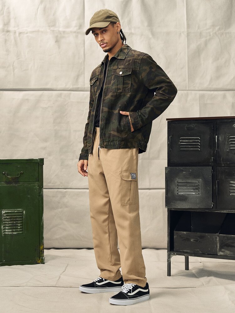 Norleigh Loose Fit Men's Long Sleeve Camo Print Flap Pocket Denim Jacket, For Fall - Army Green - View 3