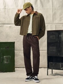 男士纯色工装口袋直筒宽松休闲裤，秋季 - 咖啡棕 - 查看 4