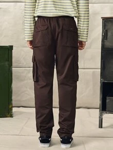 男士纯色工装口袋直筒宽松休闲裤，秋季 - 咖啡棕 - 查看 2