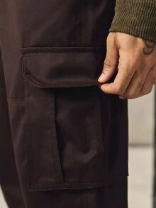 男士纯色工装口袋直筒宽松休闲裤，秋季 - 咖啡棕 - 查看 6