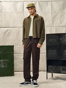 男士纯色工装口袋直筒宽松休闲裤，秋季 - 咖啡棕 - 查看 8