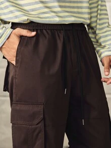 男士纯色工装口袋直筒宽松休闲裤，秋季 - 咖啡棕 - 查看 5