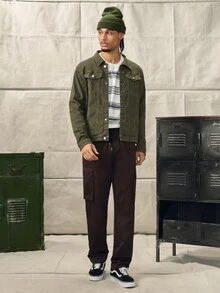 Norleigh Jaker Denim Pria Kantong Tombol Depan Plain Casual - Hijau Tentara - View 8