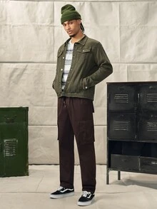 Norleigh Jaker Denim Pria Kantong Tombol Depan Plain Casual - Hijau Tentara - View 3