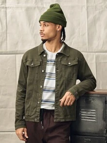 Norleigh Jaker Denim Pria Kantong Tombol Depan Plain Casual - Hijau Tentara - View 1