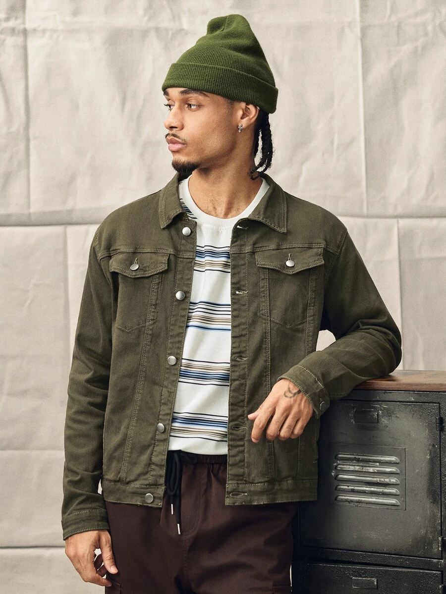 Norleigh Jaker Denim Pria Kantong Tombol Depan Plain Casual - Hijau Tentara - View 1