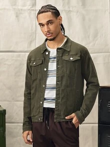 Norleigh Jaker Denim Pria Kantong Tombol Depan Plain Casual - Hijau Tentara - View 4