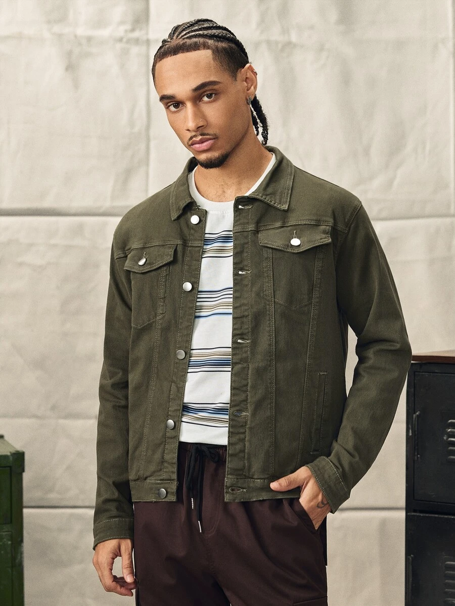 Norleigh Men's Long Sleeve Casual Solid Color Denim Jacket, Autumn - Army Green - View 1
