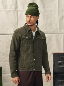 Norleigh Jaker Denim Pria Kantong Tombol Depan Plain Casual - Hijau Tentara - View 5