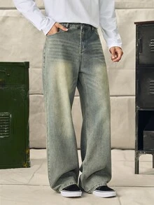 Norleigh HEHCN Men's Pocket Wide Leg Casual Loose Jeans, Retro Vintage Blue Streetwear Pants, Suitable For Gift To Husband, Boyfriend - Olive Green - View 6