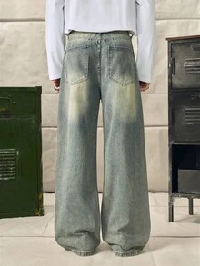Norleigh HEHCN Men's Pocket Wide Leg Casual Loose Jeans, Retro Vintage Blue Streetwear Pants, Suitable For Gift To Husband, Boyfriend - Olive Green - View 2